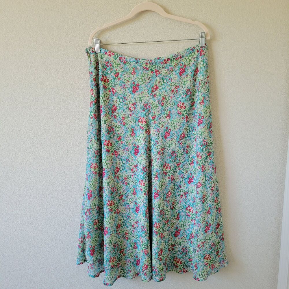 Vintage Turquoise Ditsy Floral Midi Skirt Size L 90s Y2K Cottagecore Lined - Picture 2 of 10